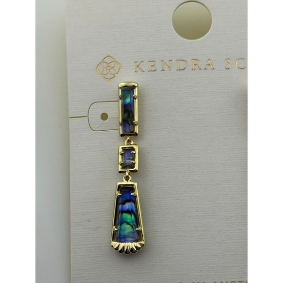 Kendra Scott Serena Linear Dangle Earrings Abalone Shell Gold Tone - Picture 2 of 11